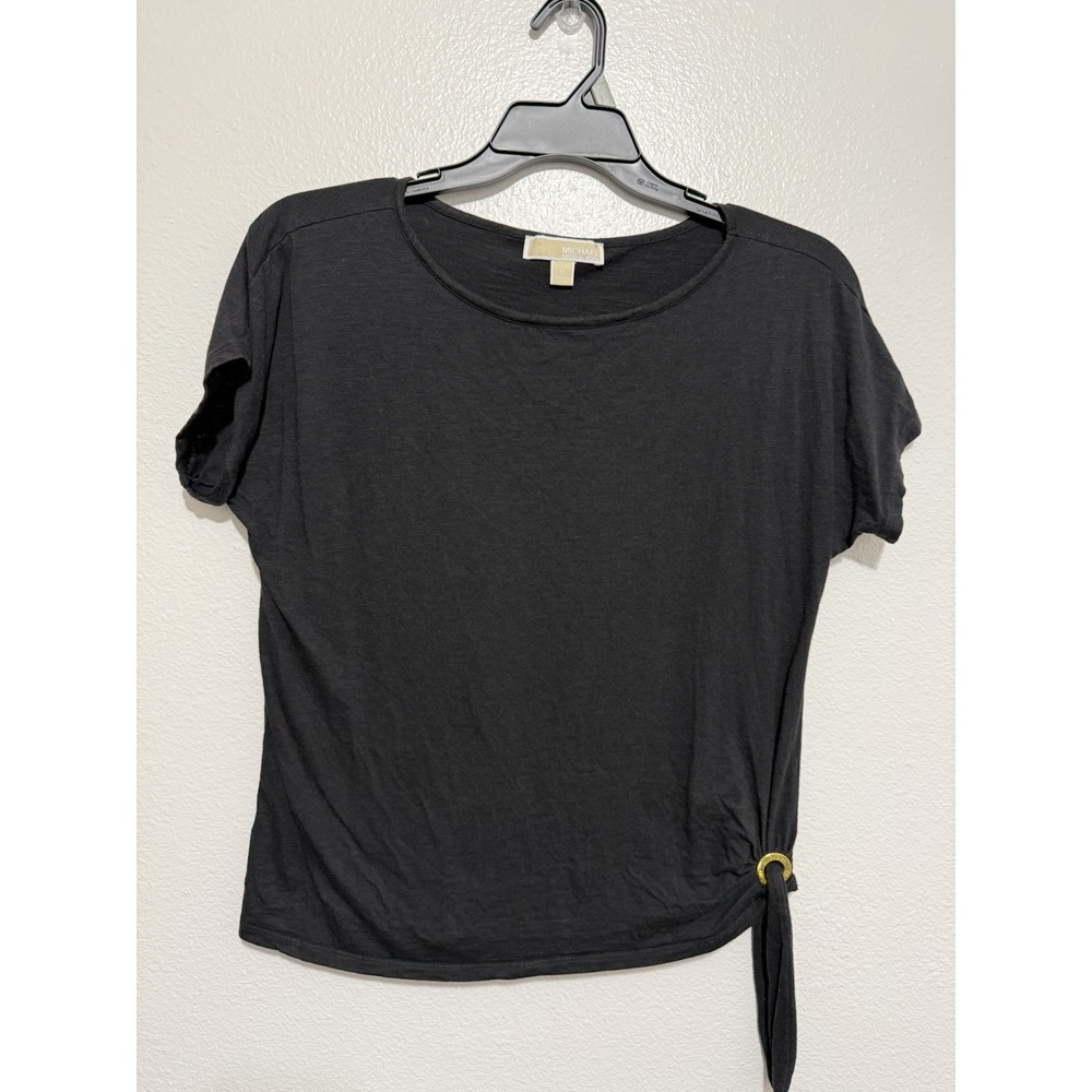 Michael Kors Round Neck Stretch Top Women's Size M Black Side-Tie Short Sleeve